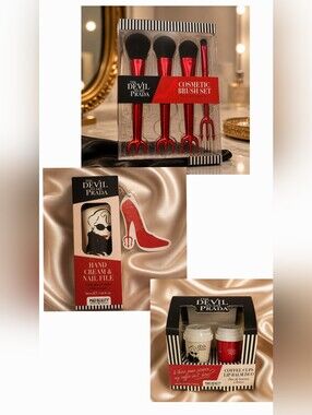 NWT The Devil Wears Prada Red Cosmetic Brush Set + Hand Care Gift Trio
